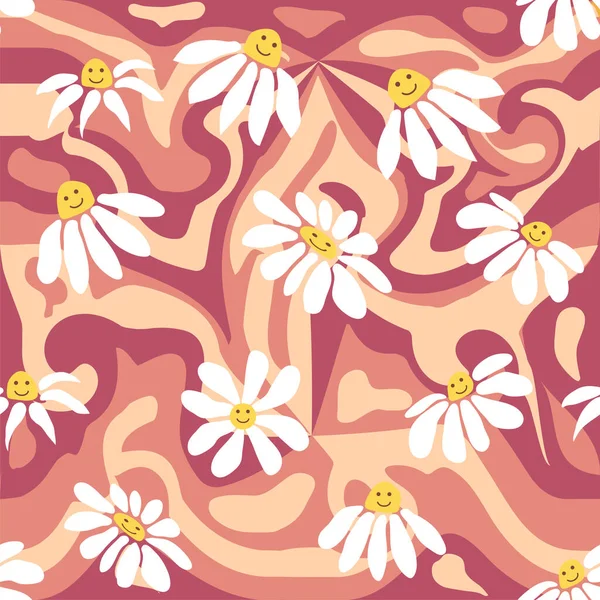 Groovy Daisy Retro Seamless Pattern Retro Smile Chamomile Pattern 1970 — Διανυσματικό Αρχείο