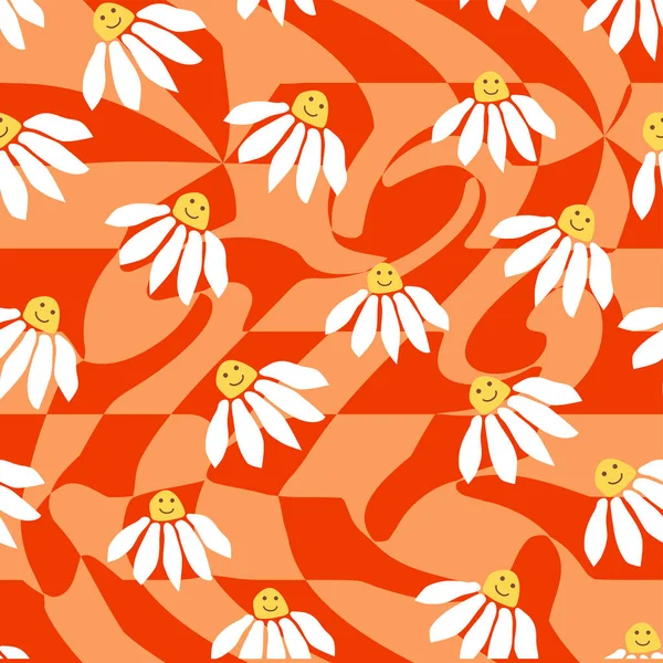 Groovy Daisy Retro Seamless Pattern Retro Smile Chamomile Pattern 1970 — ストックベクタ