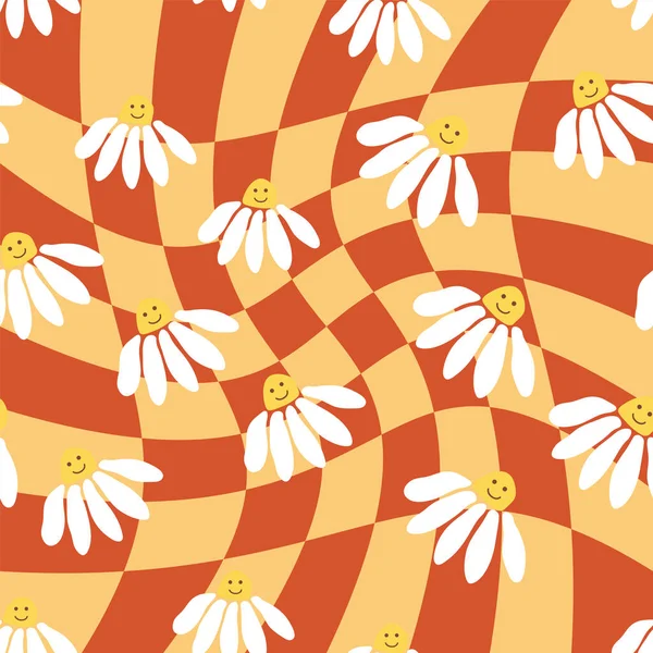 Retro Smile Camomile Seamless Pattern 1970 Wavy Swirl Pattern Hippie — Archivo Imágenes Vectoriales