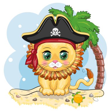 Aslan korsan, oyunun çizgi film karakteri, bandana takmış vahşi bir kedi ve kafatası ve göz bandıyla takılmış bir şapka. Sahilde parlak gözlü, palmiyeli bir karakter.
