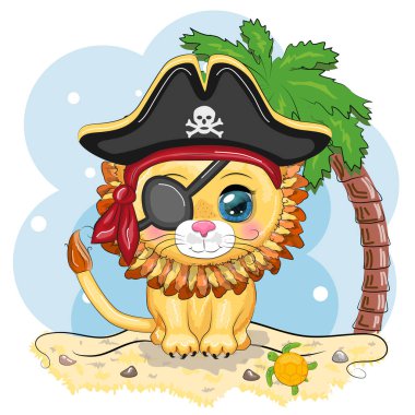 Aslan korsan, oyunun çizgi film karakteri, bandana takmış vahşi bir kedi ve kafatası ve göz bandıyla takılmış bir şapka. Sahilde parlak gözlü, palmiyeli bir karakter.