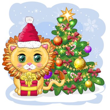 Merry Christmas and Happy New year. Funny lion in red hat with gift in cartoon style. Greeting card