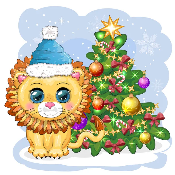 Рождеством Новым Годом Смешной Лев Красной Шляпе Подарком Стиле Мультфильма — стоковый вектор
