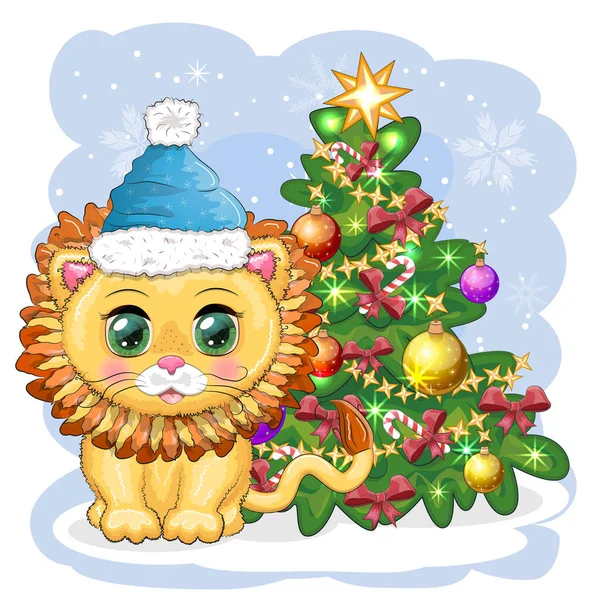 Рождеством Новым Годом Смешной Лев Красной Шляпе Подарком Стиле Мультфильма — стоковый вектор
