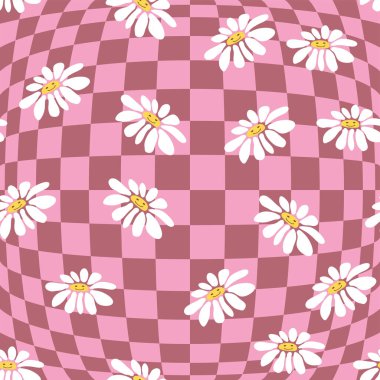 1970 Wavy Girdap Şablonu 'nda Retro Smile Papatya Deseni. Hippi Estetiği