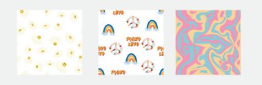 1970s Set of retro seamless pattern. Floral, swirl, mushrooms, peace symbol, camomile, smile. Groovy design in the style of the seventies.
