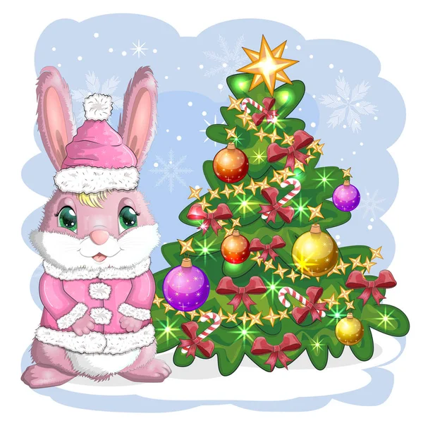Lindo Conejito Dibujos Animados Sombrero Santa Cerca Del Árbol Navidad — Vector de stock