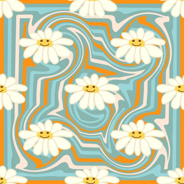 Ρετρό Χαμόγελο Χαμομήλι Απρόσκοπτη Μοτίβο Στο 1970 Κυματιστό Μοτίβο Swirl — Διανυσματικό Αρχείο