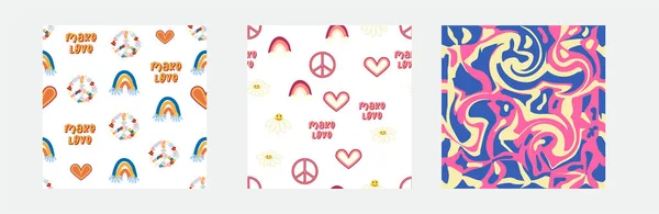 1970S Set Retro Seamless Pattern Floral Swirl Mushrooms Peace Symbol — Stockvektor