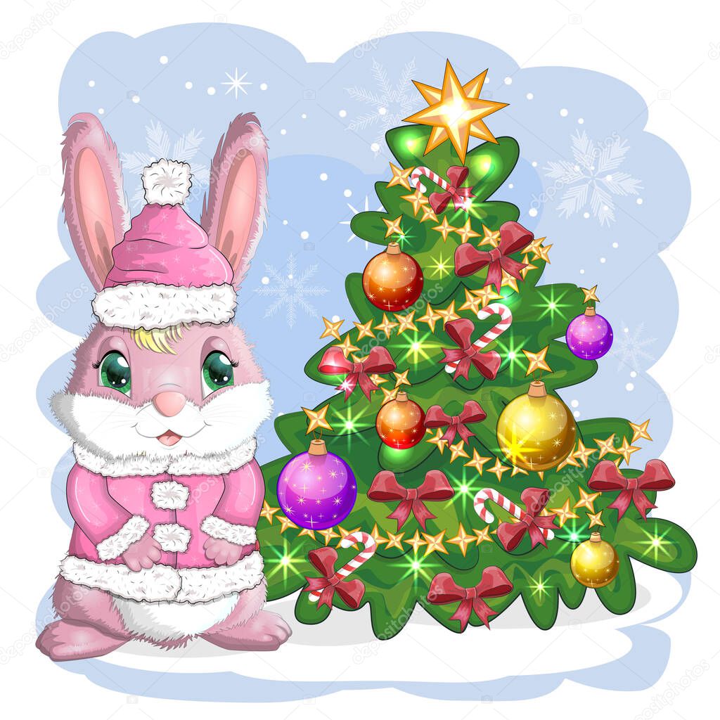 Cute cartoon bunny in Santa's hat near the decorated Christmas tree. Winter 2023, Christmas and New Year.