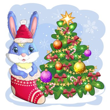A cute cartoon rabbit in a Santa hat sits in a stocking near a decorated Christmas tree. Winter 2023, Christmas and New Year