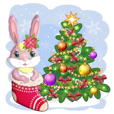 A cute cartoon rabbit in a Santa hat sits in a stocking near a decorated Christmas tree. Winter 2023, Christmas and New Year