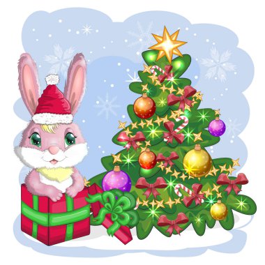 Noel Baba 'nın şapkasında süslü Noel ağacının yanında sevimli bir çizgi film tavşanı. Kış 2023, Noel ve Yeni Yıl.