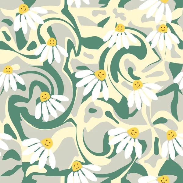 Groovy daisy retro seamless pattern. Retro Smile Chamomile Pattern on 1970 Wavy Swirl. Hippie Aesthetic.