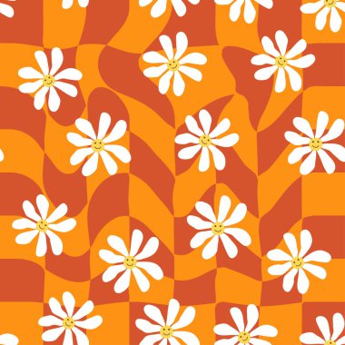 1970 Wavy Girdap Şablonu 'nda Retro Smile Papatya Deseni. Hippi Estetiği