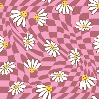 1970 Wavy Girdap Şablonu 'nda Retro Smile Papatya Deseni. Hippi Estetiği