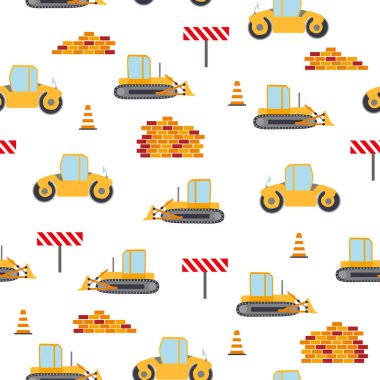Cute childish seamless pattern with yellow car dump truck, crane, concrete mixer. Construction site illustration in cartoon style.