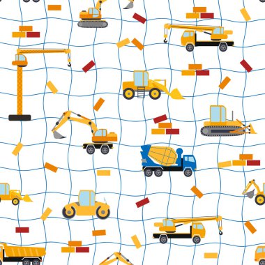 Cute childish seamless pattern with yellow car dump truck, crane, concrete mixer. Construction site illustration in cartoon style.