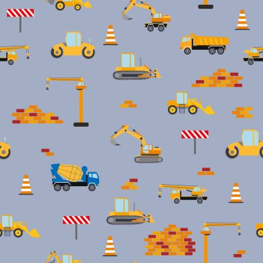Cute childish seamless pattern with yellow car dump truck, crane, concrete mixer. Construction site illustration in cartoon style.