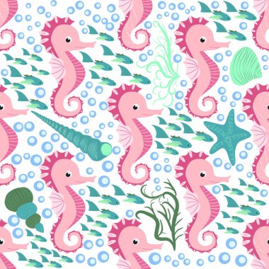 Deniz atı ve denizyıldızı desenleri. Deniz hayatı yaz geçmişi. Tatlı deniz yaşamı. Kumaş ve dekor için tasarım.