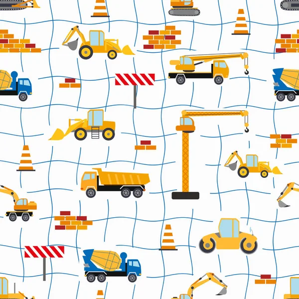 Cute childish seamless pattern with yellow car dump truck, crane, concrete mixer. Construction site illustration in cartoon style.