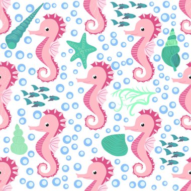 Deniz atı ve denizyıldızı desenleri. Deniz hayatı yaz geçmişi. Tatlı deniz yaşamı. Kumaş ve dekor için tasarım.