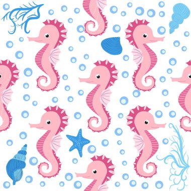 Deniz atı ve denizyıldızı desenleri. Deniz hayatı yaz geçmişi. Tatlı deniz yaşamı. Kumaş ve dekor için tasarım.