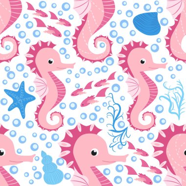 Deniz atı ve denizyıldızı desenleri. Deniz hayatı yaz geçmişi. Tatlı deniz yaşamı. Kumaş ve dekor için tasarım.