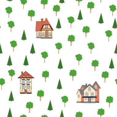 Farklı renkli evlerin kusursuz desenleri. Ev karalaması elementi olan kusursuz çocuklar. ev desenleri, sevimli renkli evler, komik çocuk dekorasyonu.