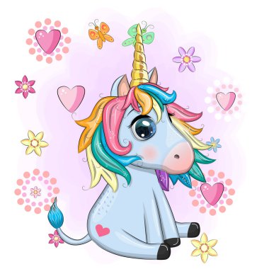 Mavi tek boynuzlu at oturuyor. Şirin bebek kartı, koca gözlü bebek..