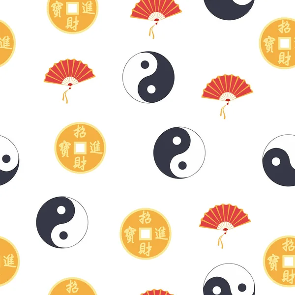 Motif Chinois Sans Couture Avec Feng Shui Pièce Chinoise Avec — Image vectorielle