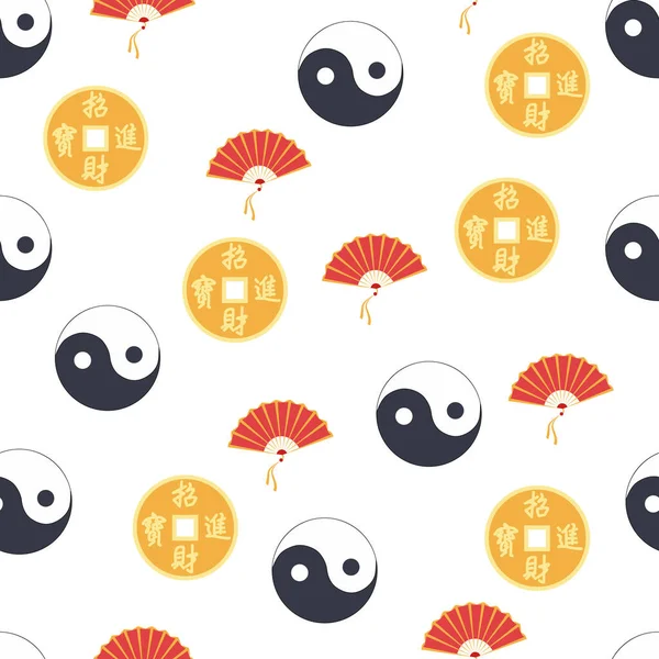 Motif Chinois Sans Couture Avec Feng Shui Pièce Chinoise Avec — Image vectorielle