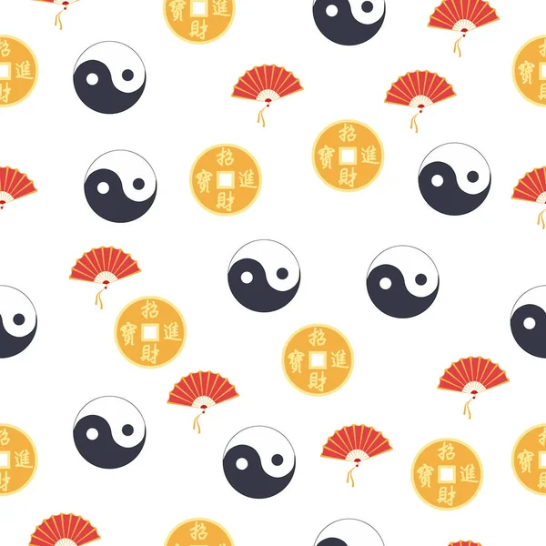 Motif Chinois Sans Couture Avec Feng Shui Pièce Chinoise Avec — Image vectorielle