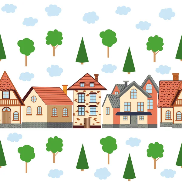 Street with cute houses seamless pattern. Village or city, neat cozy home.