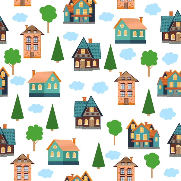 无缝图案的不同色彩的房子 模式无缝儿童与家庭涂鸦着色元素 房子样式 漂亮多彩的房子 有趣的孩子装饰 — 图库矢量图片