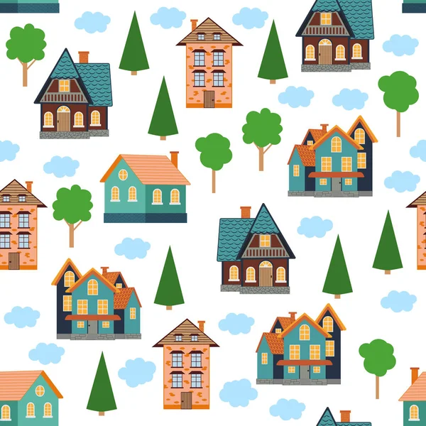 无缝图案的不同色彩的房子 模式无缝儿童与家庭涂鸦着色元素 房子样式 漂亮多彩的房子 有趣的孩子装饰 — 图库矢量图片
