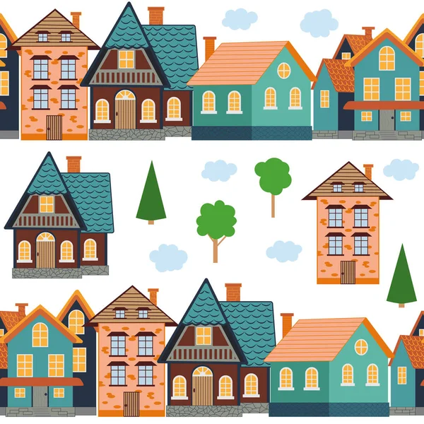 Street Cute Houses Seamless Pattern Village City Neat Cozy Home — Stock Vector