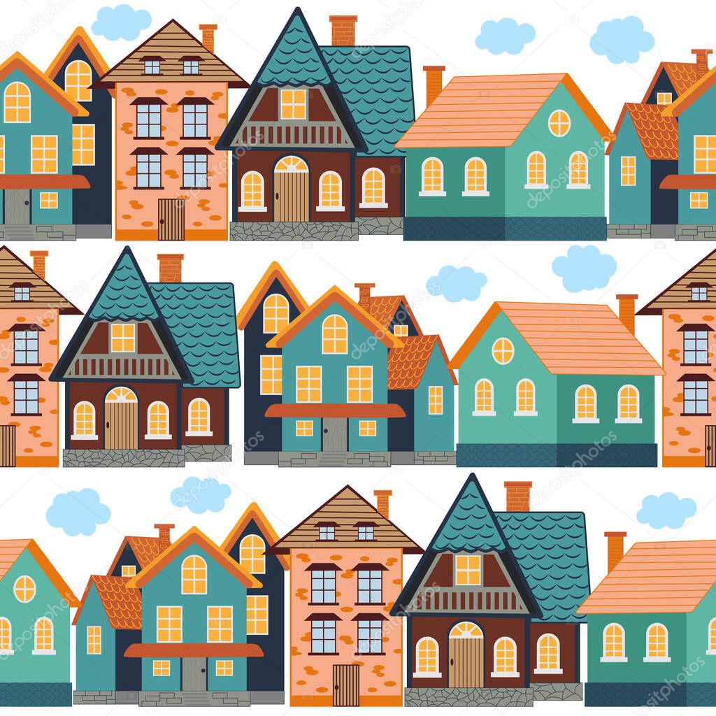 Seamless pattern of funny houses. Densely populated city