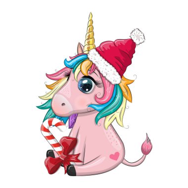 Noel Baba şapkalı şirin tek boynuzlu at, hediye, Noel balosu, şeker Kane. Yılbaşı ve Noel tatili.