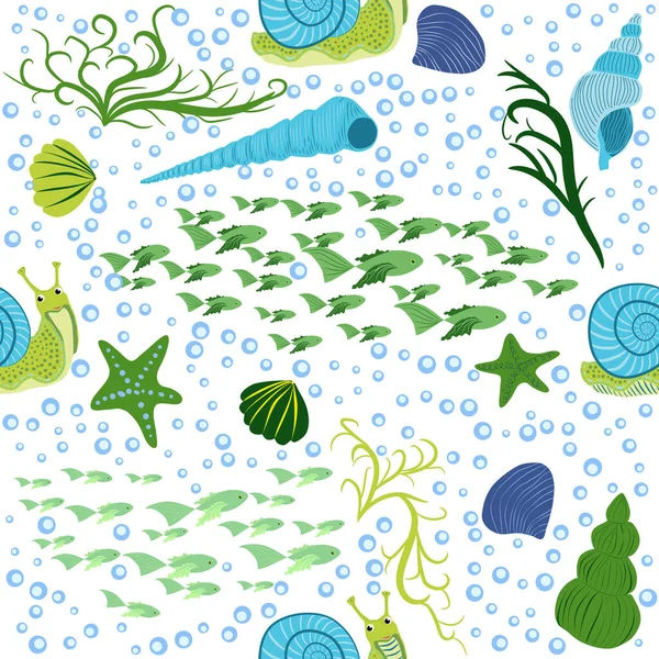Schnecke Meeresbewohner Nahtlose Muster Schöner Charakter Zwischen Muscheln Algen Seesternen — Stockvektor