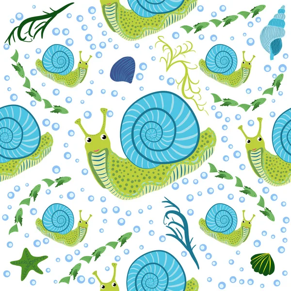 Snail Sea Inhabitants Seamless Pattern Beautiful Character Seashells Seaweed Starfish — Stock Vector