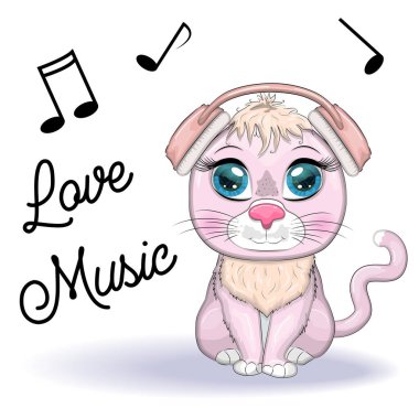 Çizgi film kedisi kulaklıklı sevici müzik dinliyor, konser veriyor. Tatlı çocuk karakteri, 2023 yılının sembolü.