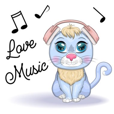 Çizgi film kedisi kulaklıklı sevici müzik dinliyor, konser veriyor. Tatlı çocuk karakteri, 2023 yılının sembolü.