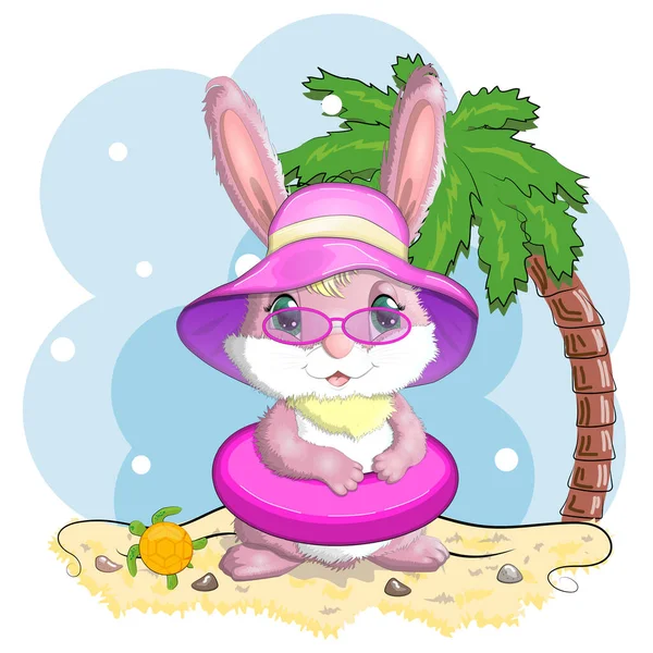 Милий Кролик Зайця Літньому Капелюсі Кільце Плавання Лапки Пляж Відпустка — стоковий вектор