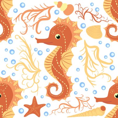 Deniz atı ve denizyıldızı desenleri. Deniz hayatı yaz geçmişi. Tatlı deniz yaşamı. Kumaş ve dekor için tasarım.