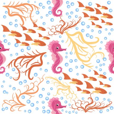 Deniz atı ve denizyıldızı desenleri. Deniz hayatı yaz geçmişi. Tatlı deniz yaşamı. Kumaş ve dekor için tasarım.