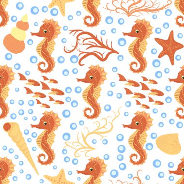 Deniz atı ve denizyıldızı desenleri. Deniz hayatı yaz geçmişi. Tatlı deniz yaşamı. Kumaş ve dekor için tasarım.