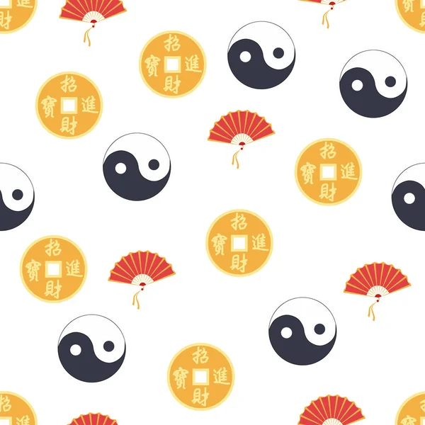 Motif Chinois Sans Couture Avec Feng Shui Pièce Chinoise Avec — Image vectorielle