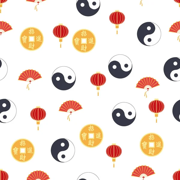 Motif Chinois Sans Couture Avec Feng Shui Pièce Chinoise Avec — Image vectorielle