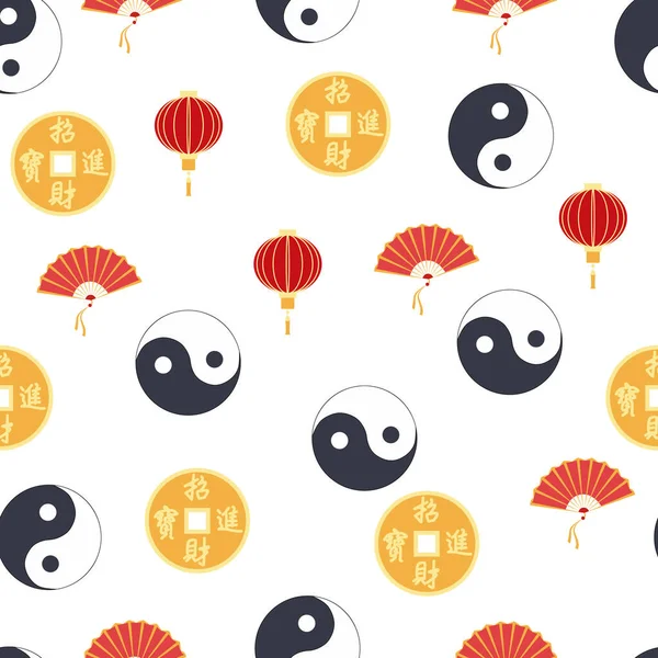 Motif Chinois Sans Couture Avec Feng Shui Pièce Chinoise Avec — Image vectorielle
